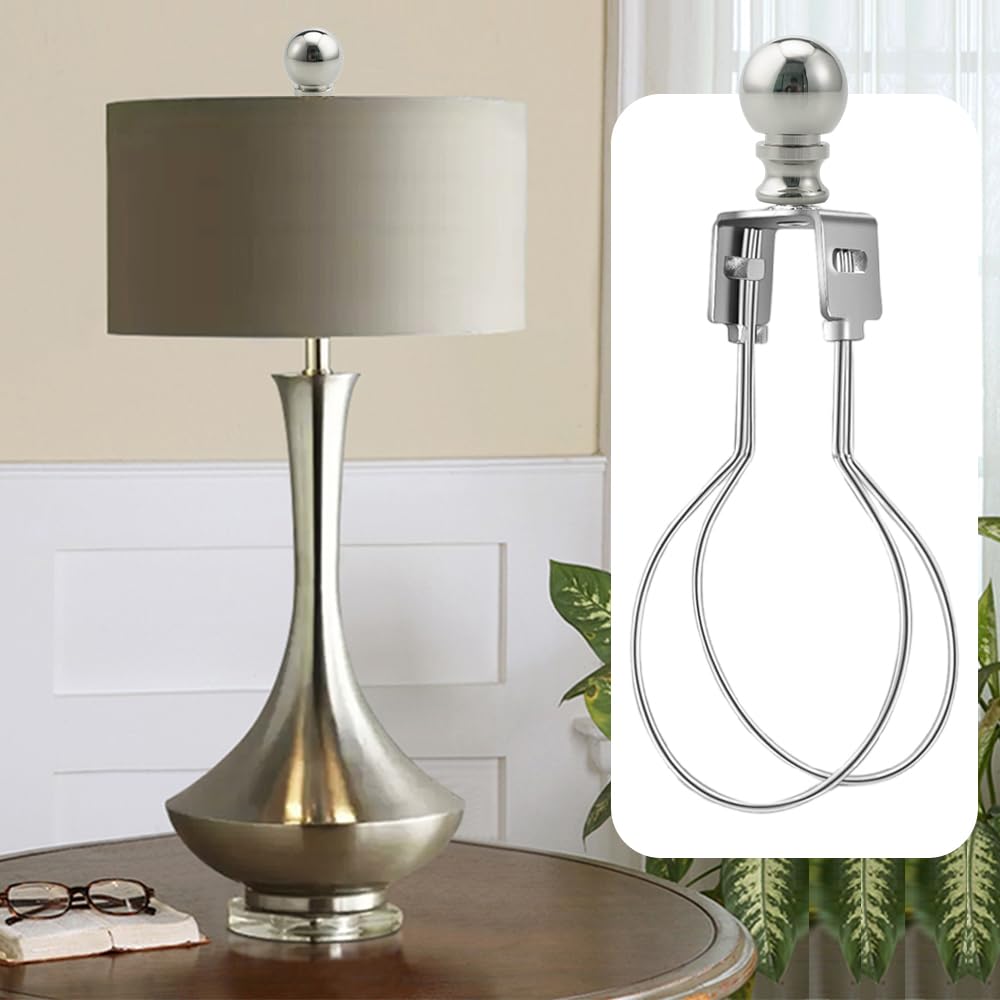 Asjeumt 2Pcs Lamp Shade Light Bulb Clip Adapter Kit, Nickel Lampshade Holder Adapter With Round Top Finial, No Harp Required, Cl