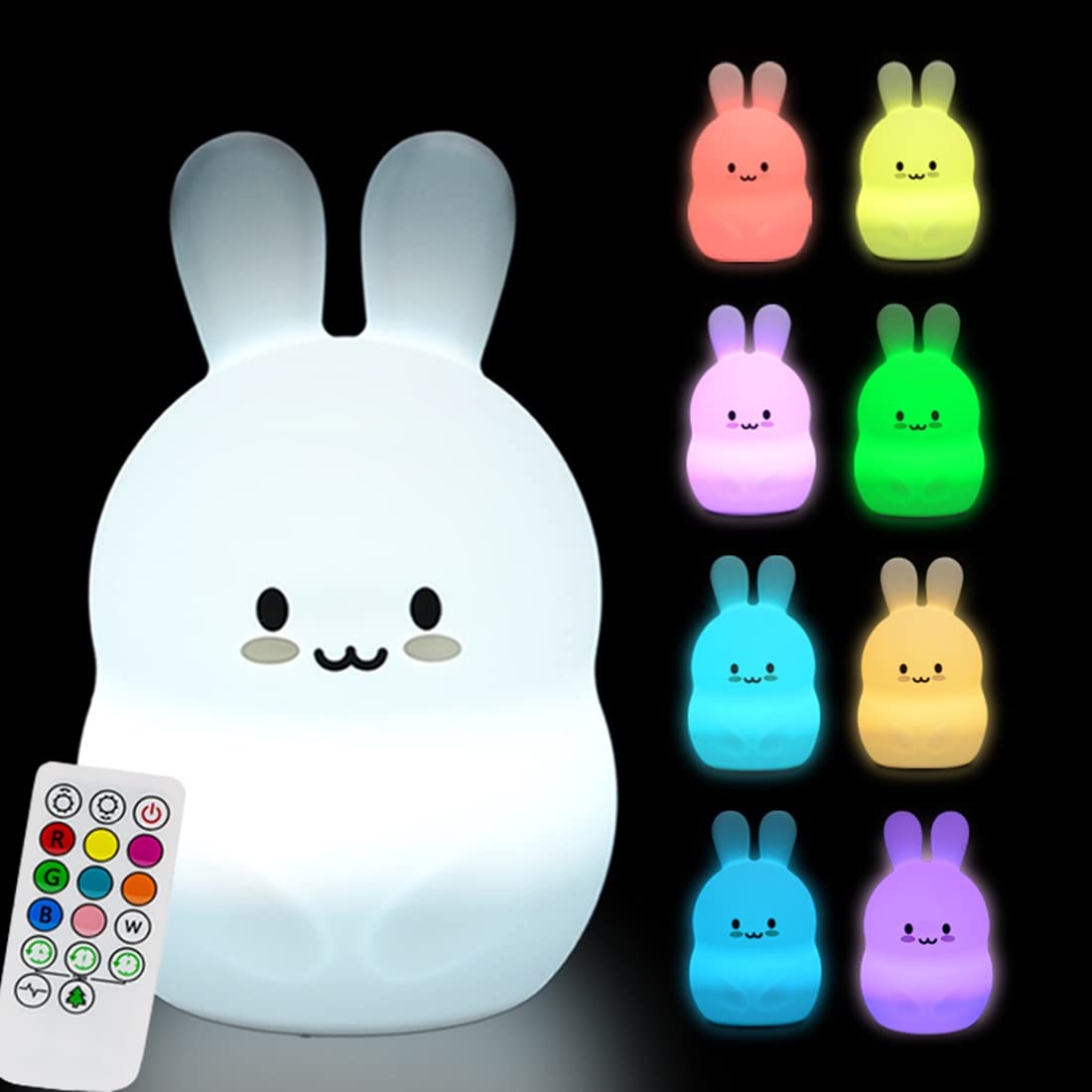 Glinrui Large Rabbit Night Lights For Kids In Silicone, 9 Colors Baby Bedroom Lighting Children Bedside Table Lamps For Toddlers/Boys/Girls/Adults/Bedroom/Student/Elder/Bathroom/Outdoor - Large