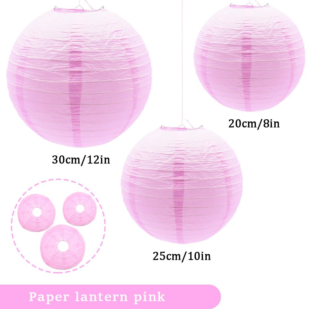 Yosawa 6 Pcs Paper Lanterns, Decorative Round Hanging Lanterns, 8” 10” 12”, Pink, Model ZD-Pink for Party, Wedding, Halloween, Home