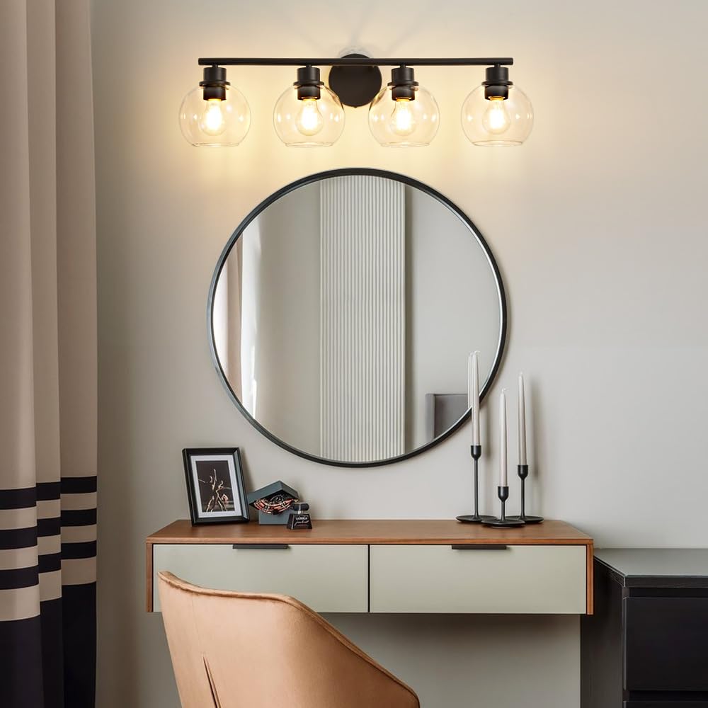 Lanmate Bathroom Vanity Light 4-Lights Black Metal with Clear Glass Shade 29.5 inch Model L1746