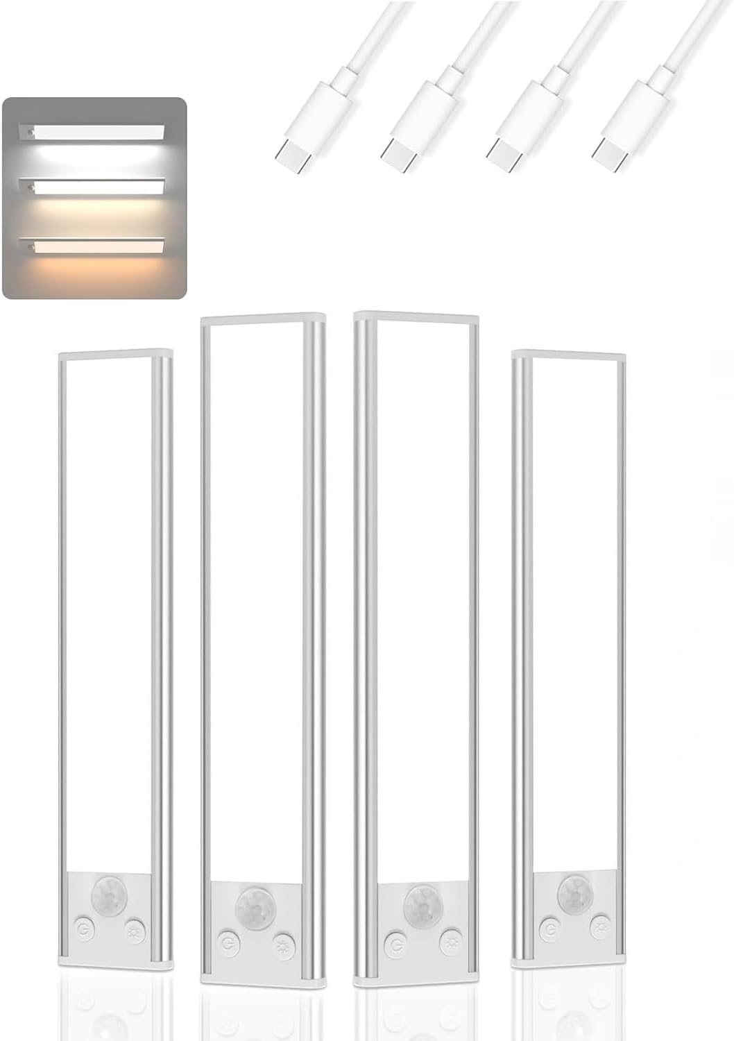 Under Cabinet Lighting, 3 Color Magnetic Motion Sensor Lights Indoor, 4 Pack USB Rechargeable Closet Lights 1800mAh Battery Oper