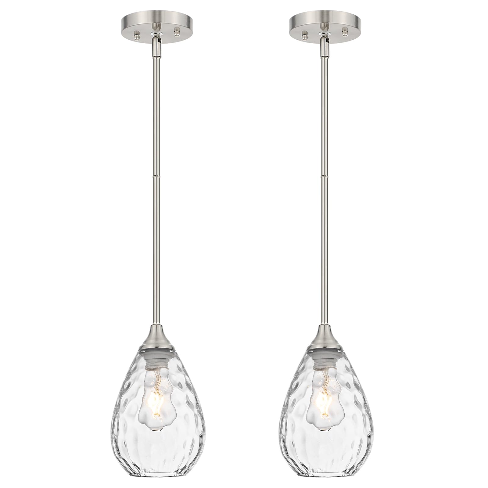 SADUENFR Brushed Nickel Pendant Lights Kitchen Island 2 Pack  Modern Glass Pendant Light Fixtures with Hammered Glass and Rods  Adjustable Small Hanging Light for Kitchen Sink Dining Room Bathroom