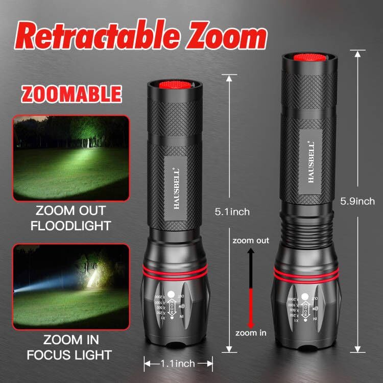 HAUSBELL T8 LED Flashlight, 5 Modes, Zoomable, High Lumens, Aluminum, Black, 2 Pack