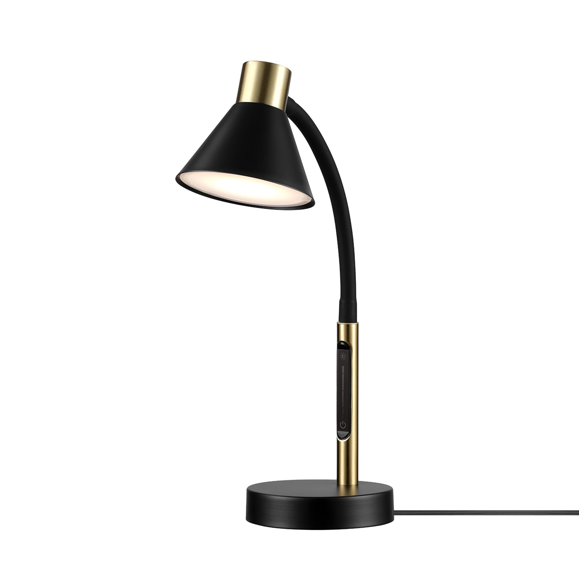 Globe Electric 62000034 15 LED Integrated Desk Lamp, Matte Black, Brass Accent, Adjustable Gooseneck, Dimmable, 3 Color Temperat