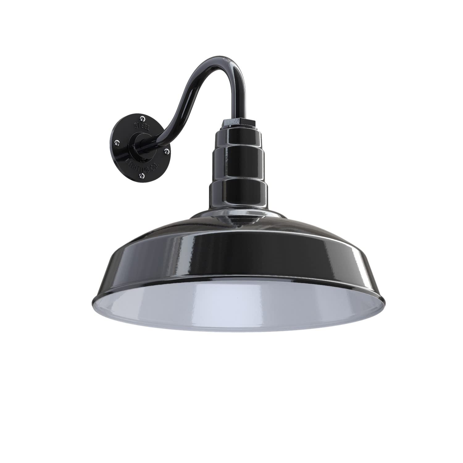 Steel Lighting Co. Gardena Barn Light - Outdoor Wall Mounted, 16in Dome, Dusk to Dawn, 11in Gooseneck, Black/White, Made in America