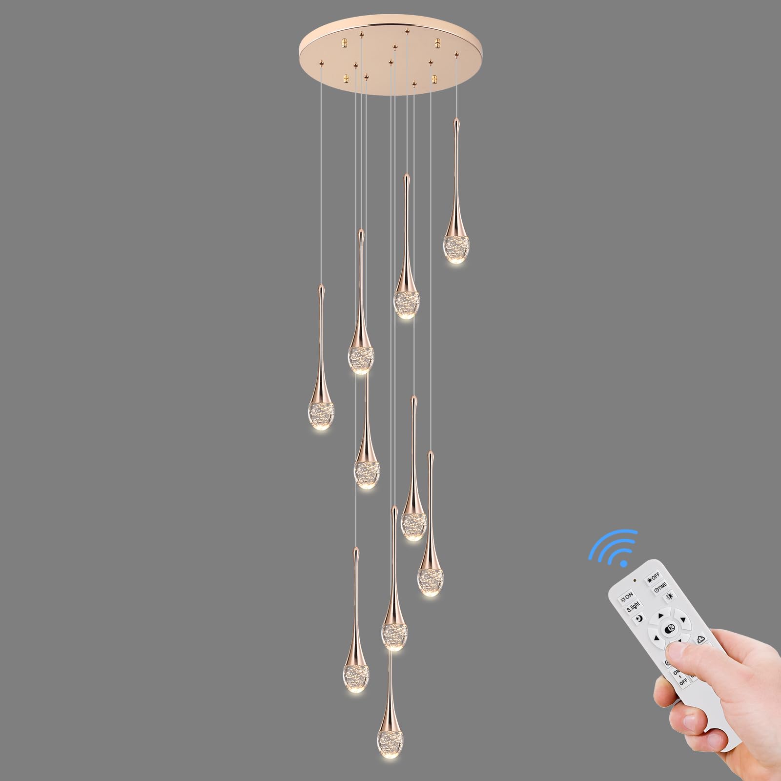 Upfelw Modern Crystal Staircase Chandelier Gold 12-Lights  H120 Large High Ceiling Spiral Dimmable LED Raindrop Foyer Entryway Light Fixture Remote Control