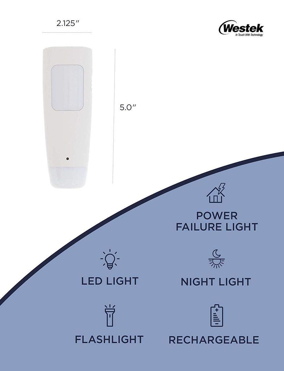 Westek LED Emergency Lights 2 Pack - Rechargeable Flashlight & Night Light - White - Model NL-PWFL