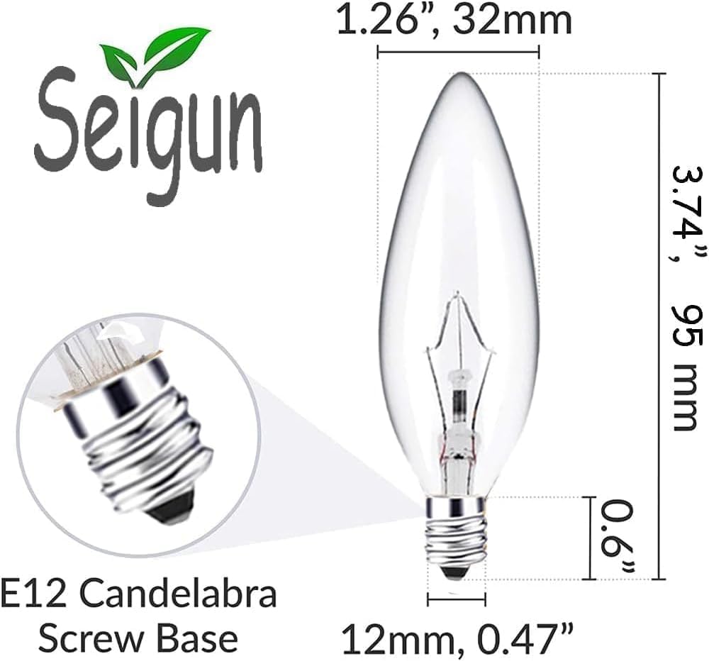 Seigun C32 Flame Shaped Clear Incandescent Chandelier Light Bulbs, Dimmable, Warm White, 60W, E12 Base, 12-Pack