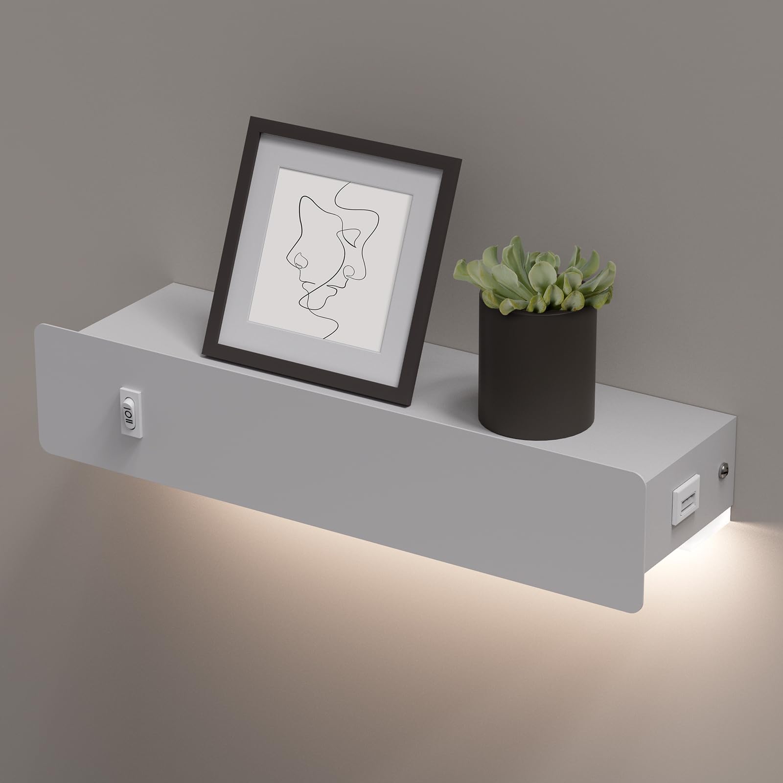 HYMELA M12 White Wall Sconce with Shelf, Metal, Hardwired/Plug-in, USB Port, 3000K Backlight