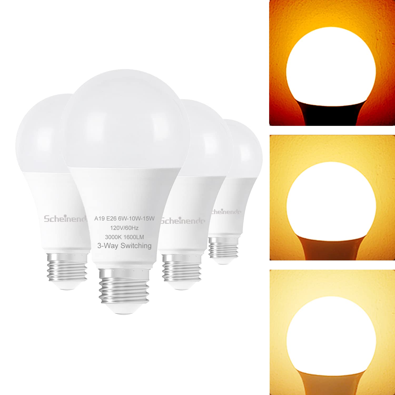 Scheinenda 3-Way Light Bulbs 30 70 100 Watt Equivalent, Standard A19 Indoor Led Bulb Warm White 3000K, 15 Watt Energy Efficient 