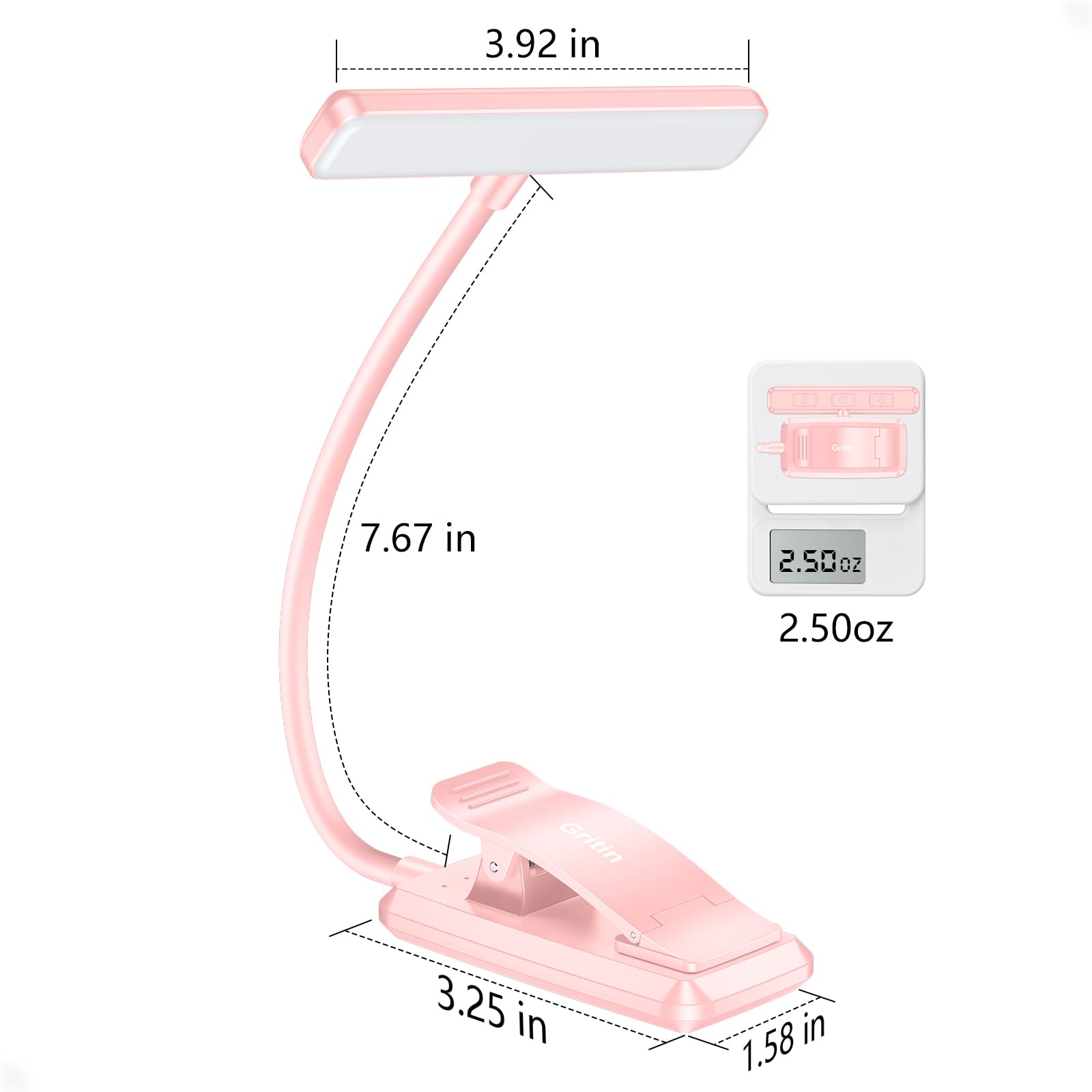 Gritin 19 LED Rechargeable Book Light - 3 Color Temperatures, Stepless Dimming, 80 Hrs Runtime, Clip-On, Pink
