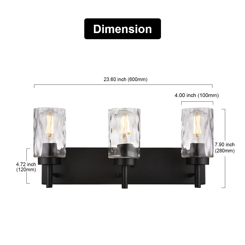 BONLICHT 3-Light Modern Vanity Light Fixture, Black Metal with Hammered Glass Shade, 23.6 inch Wall Sconce for Bathroom and Dressing Table