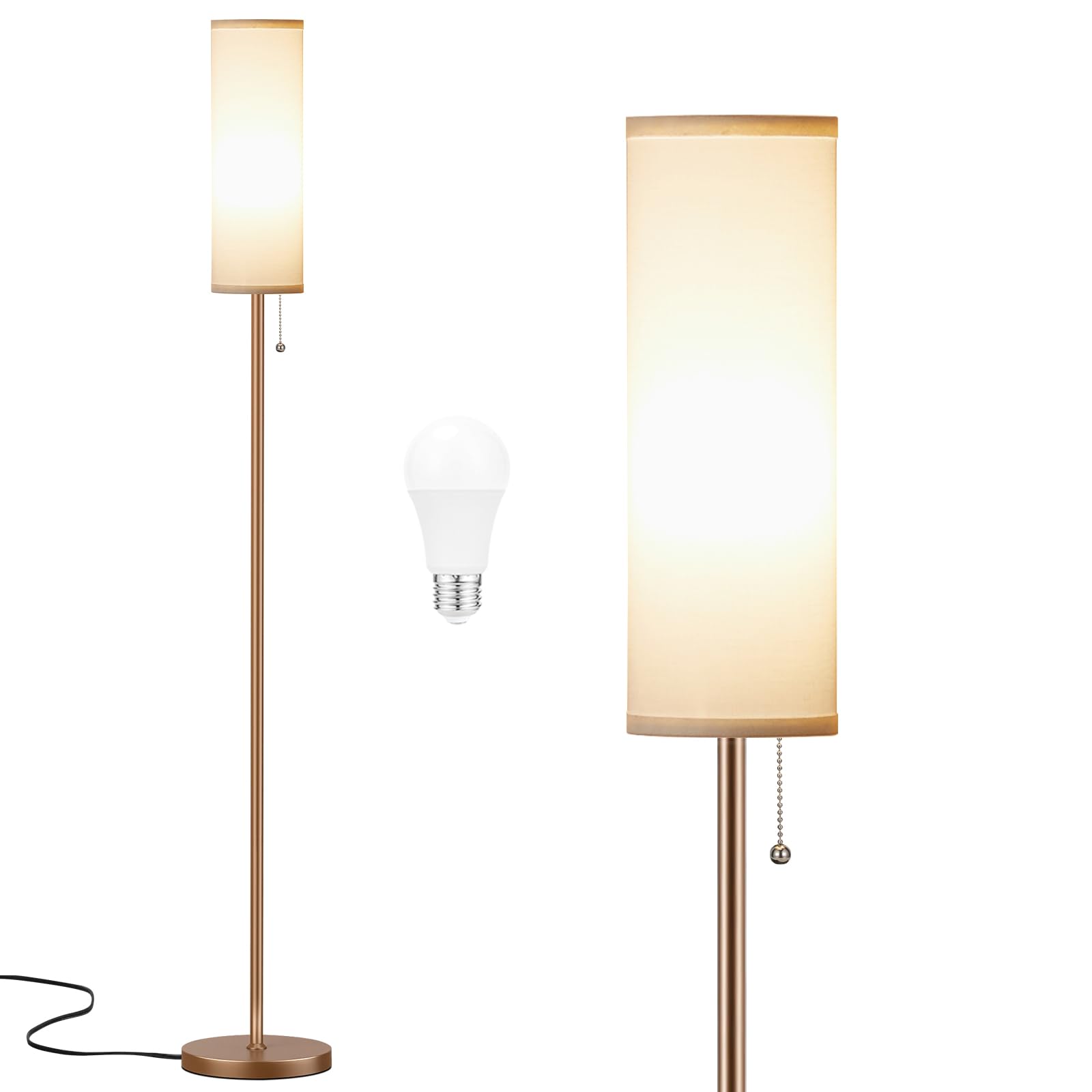 Ambimall Floor Lamp, 64in Tall, Metal, 3 Color Temperatures, White Shade & Brown Pole, Model RPT-ZGB20212