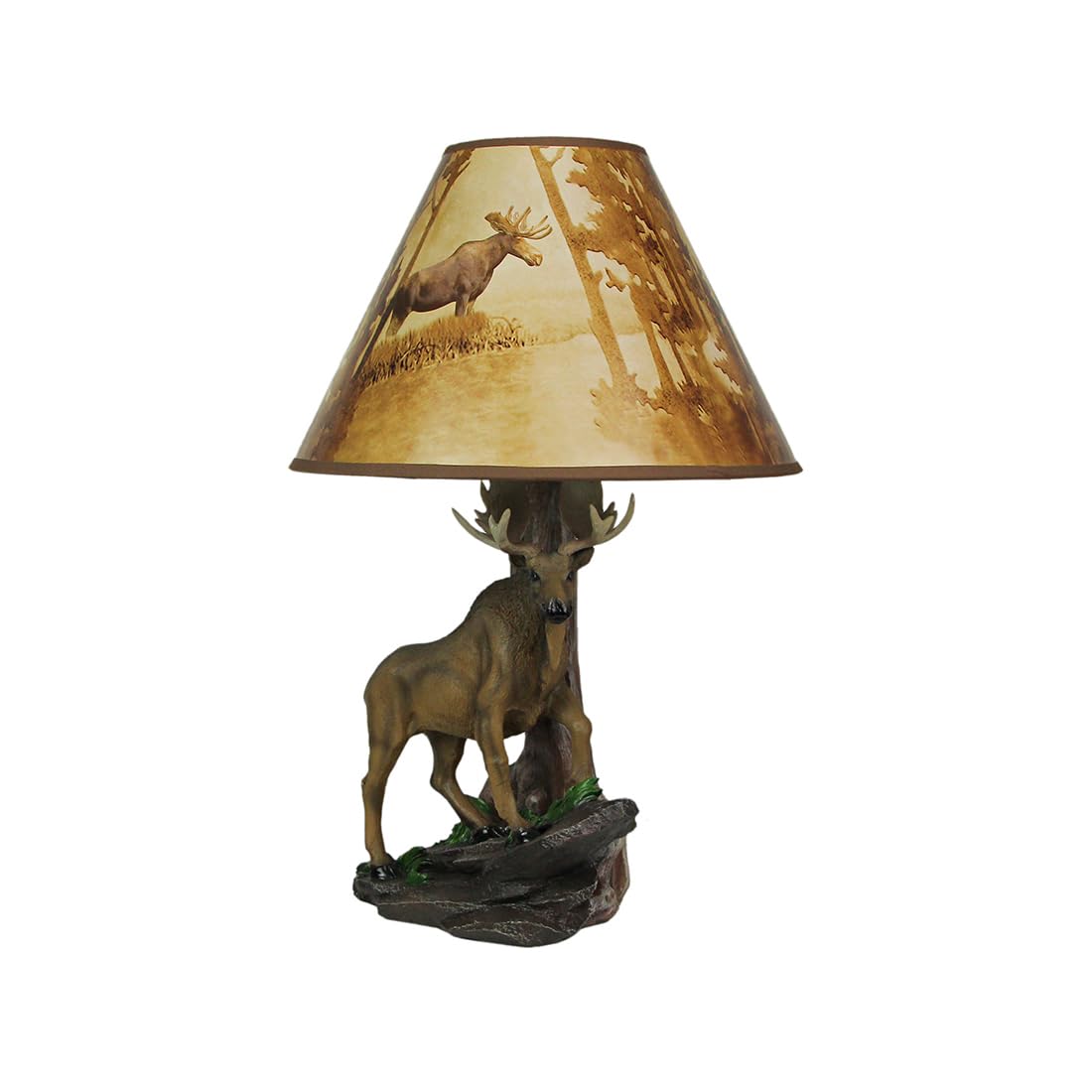 Zeckos Bull Moose Table Lamp - 20 Inch Tall, Brown, Resin, 12 Inch Diameter Forest Print Shade, Model HD30105, Wildlife Decor