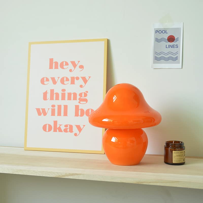 Cometmars Mushroom Lamp, Small Orange Glass Table Lamp, Cute Little Translucent Nightstand Lamp For Bedroom, Bedside, Living Roo