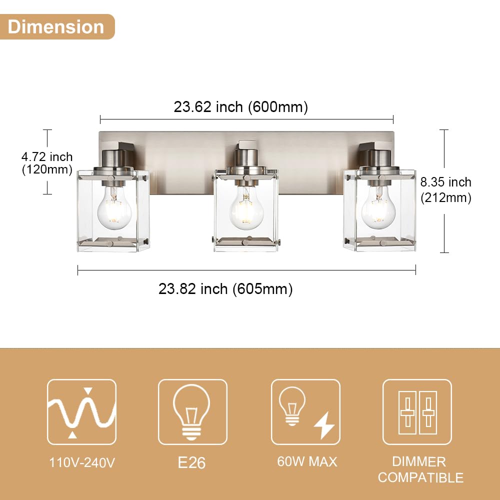 Winshen 3-Lights Bathroom Wall Light Fixtures E26 Bulb Base  Brushed Nickel Vanity Lighting Fixtures Over Mirror With Clear Glass Shades For Living Room Hallway Kitchen