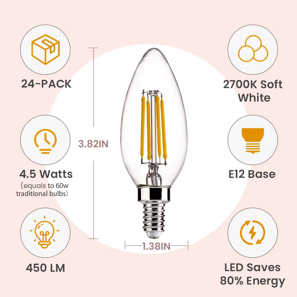 ALAMPEVER E12 Candelabra Bulbs 60W 2700K Soft White Glass 24 Pack B11E12-24