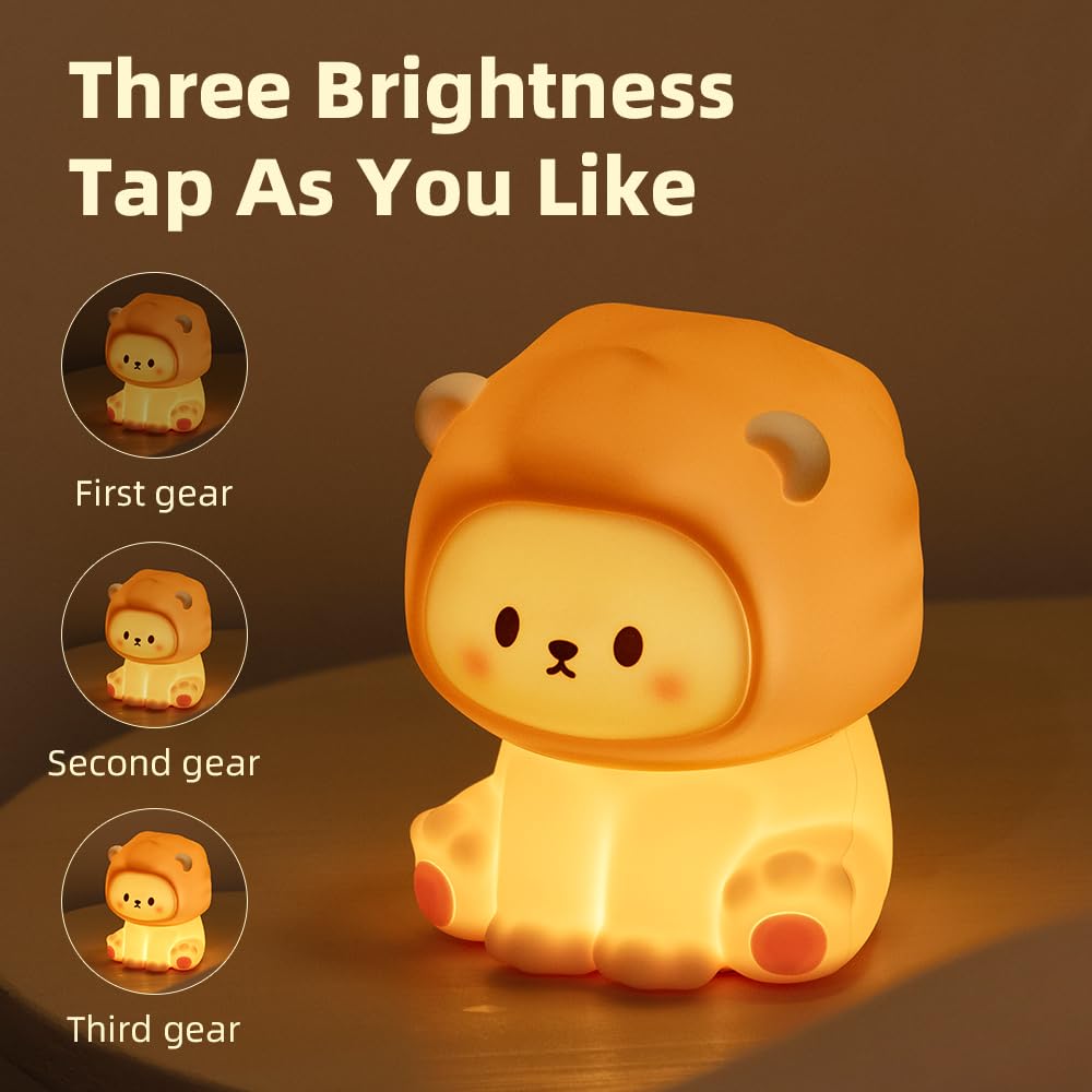 KinYiLO Cute Lion Night Light - Rechargeable Silicone Lamp, Small, 3 Brightness Levels, Warm Light, Tap Control, Model LLD-D18