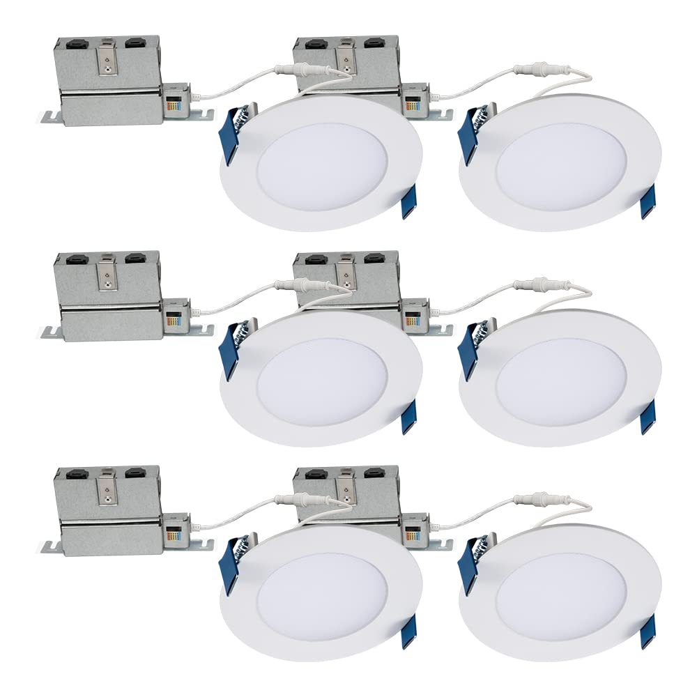 HALO 4 inch Recessed LED Ceiling & Shower Disc Light - Canless Ultra Thin Downlight - 2700K/3000K/3500K/4000K/5000K Selectable- White - 6 Pack