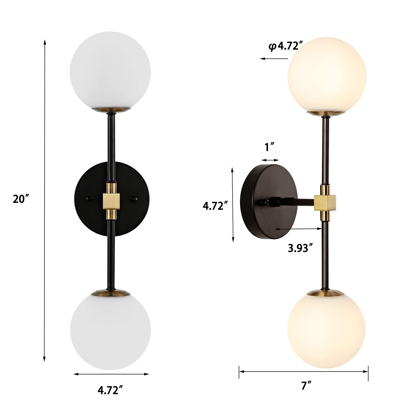 Baoden Modern Wall Sconce 2-Lights Industrial Mid Century Bathroom Vanity Wall Light With White Globe Glass Shade Gold & Black F