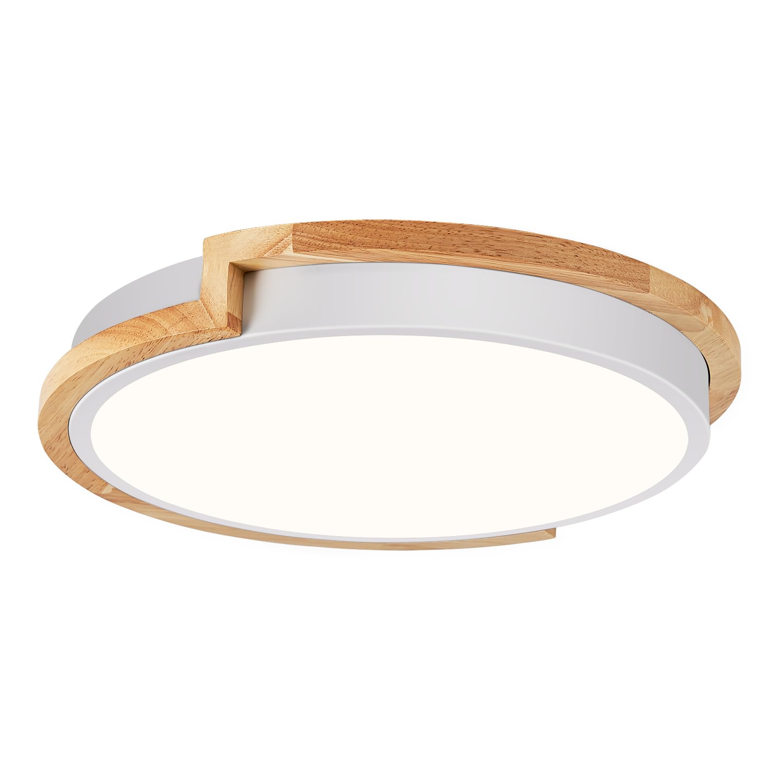 Peblto Modern Led Close To Ceiling Light, Round Shape Flush Mount Ceiling Lighting Fixture, Matte White With Wood Accent, Minima