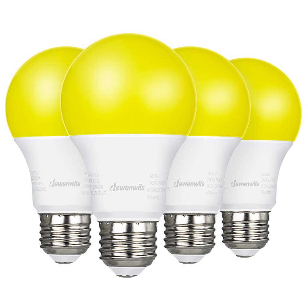 DEWENWILS LED Light Bulbs Outdoor, 9W Yellow A19, 600LM, 2400K Amber Glow, 4 Pack, E26 Base, UL Listed