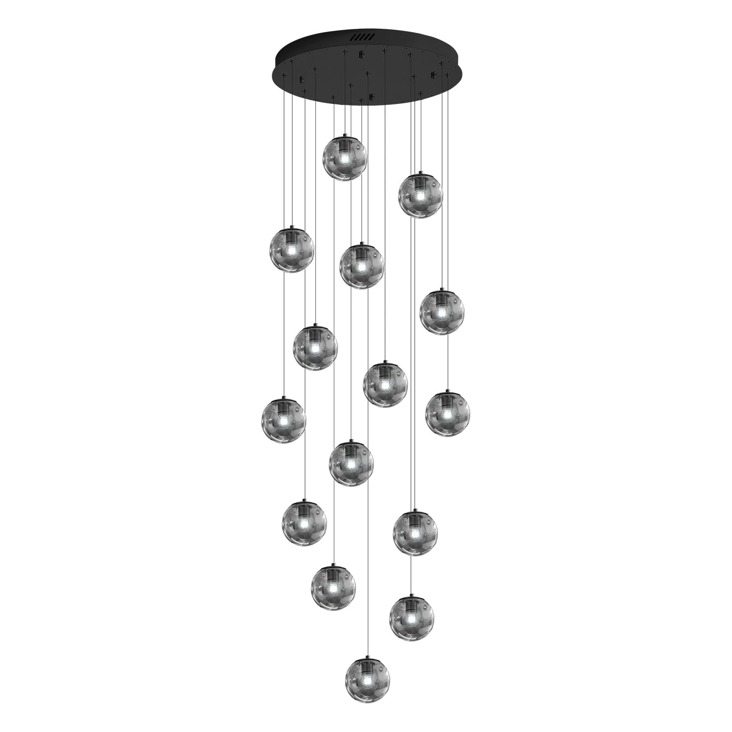 ykolupty Modern Smoke Gray Glass Globe Chandelier 15-Light Metal Pendant Light for High Ceilings, Living Room, Foyer, Model TP3016-YH-15H