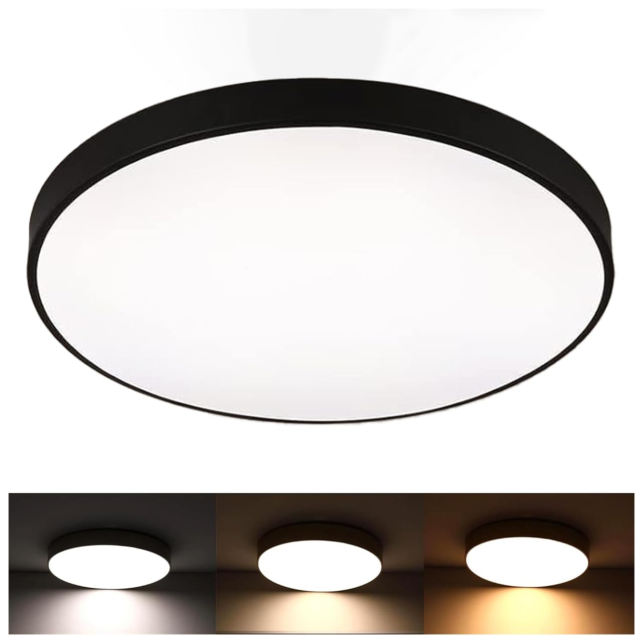 COTULIN LED Flush Mount Ceiling Light, 24 Inch Black Metal Frame, 3000K/4000K/5000K, Acrylic, Model COTULIN-24FMT-