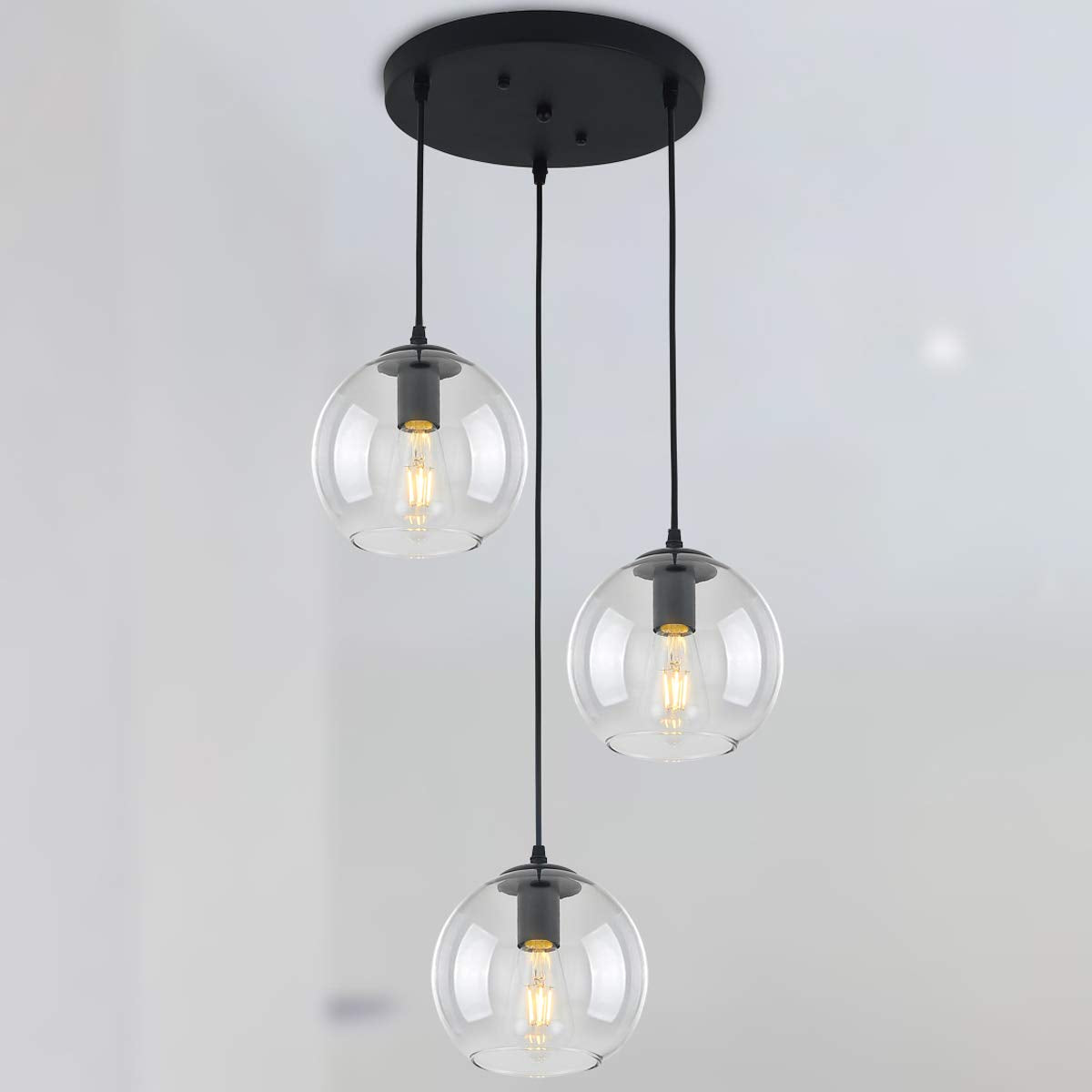 LMSOD Pendant Light, Mid Century Modern 3 Lights Globe Chandelier, Matte Black, Clear Glass Shades, 11.8 Inch for Kitchen Island Dining Room