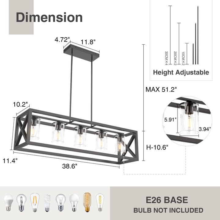 Espird 5-Light Farmhouse Dining Room Light Fixture, Matte Black Metal Chandelier, Adjustable Height for Kitchen Island