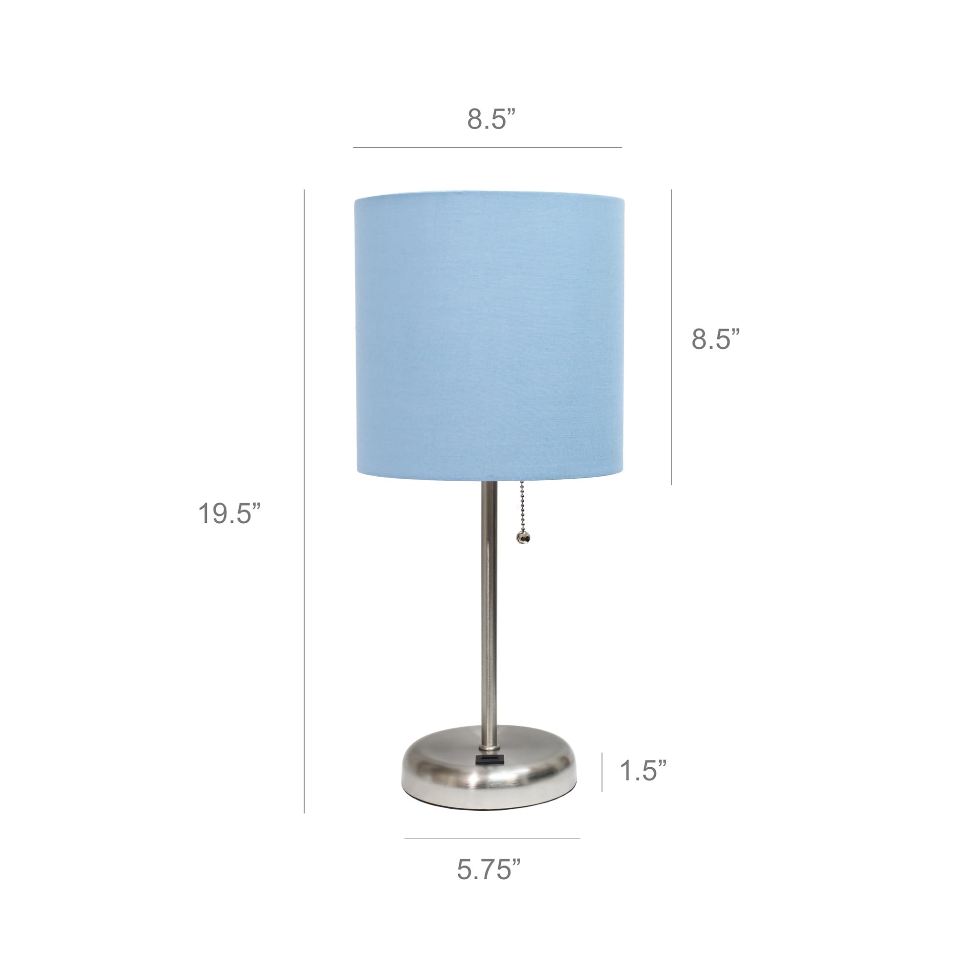 Simple Designs Lc2002-Blu-2Pk Brushed Steel Stick Table Lamp Set With Usb Charging Port And Blue Fabric Shades, 2 Pack Set
