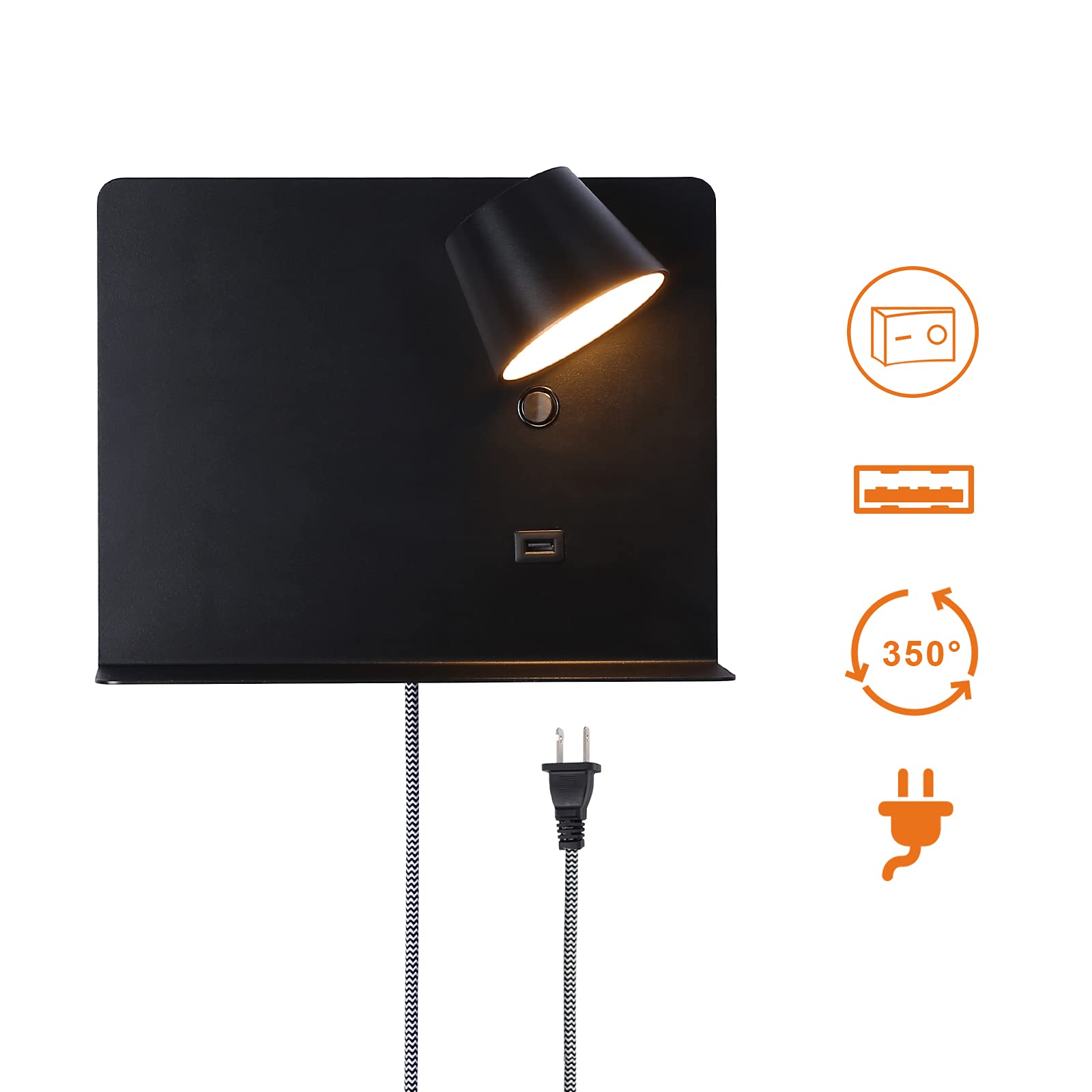 Plug In Cord Wall Sconce With Usb Port Charging, Led Wall Lamp With Shelf Lights Fixture Reading Lights For Bedside Rotation Wal