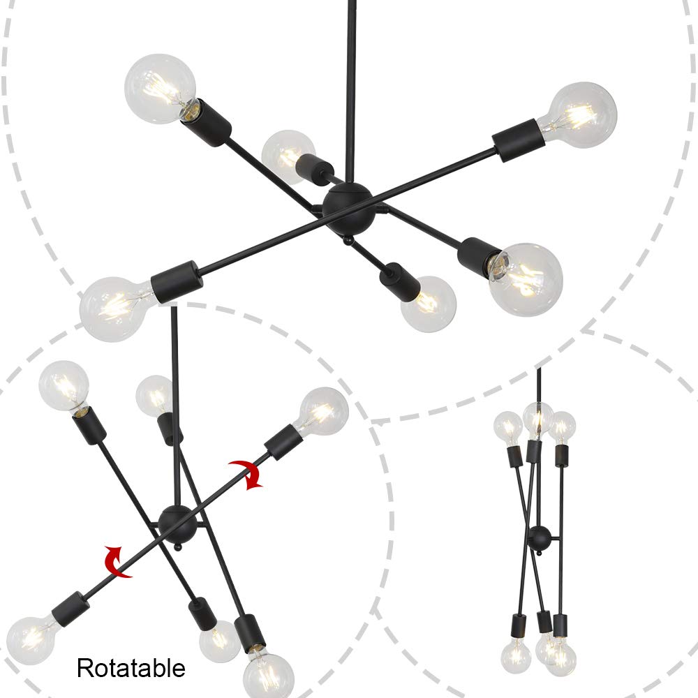 BONLICHT Sputnik Chandelier 6 Lights Metal Black Vintage Industrial Pendant Light for Kitchen Dining Room Bedroom Foyer
