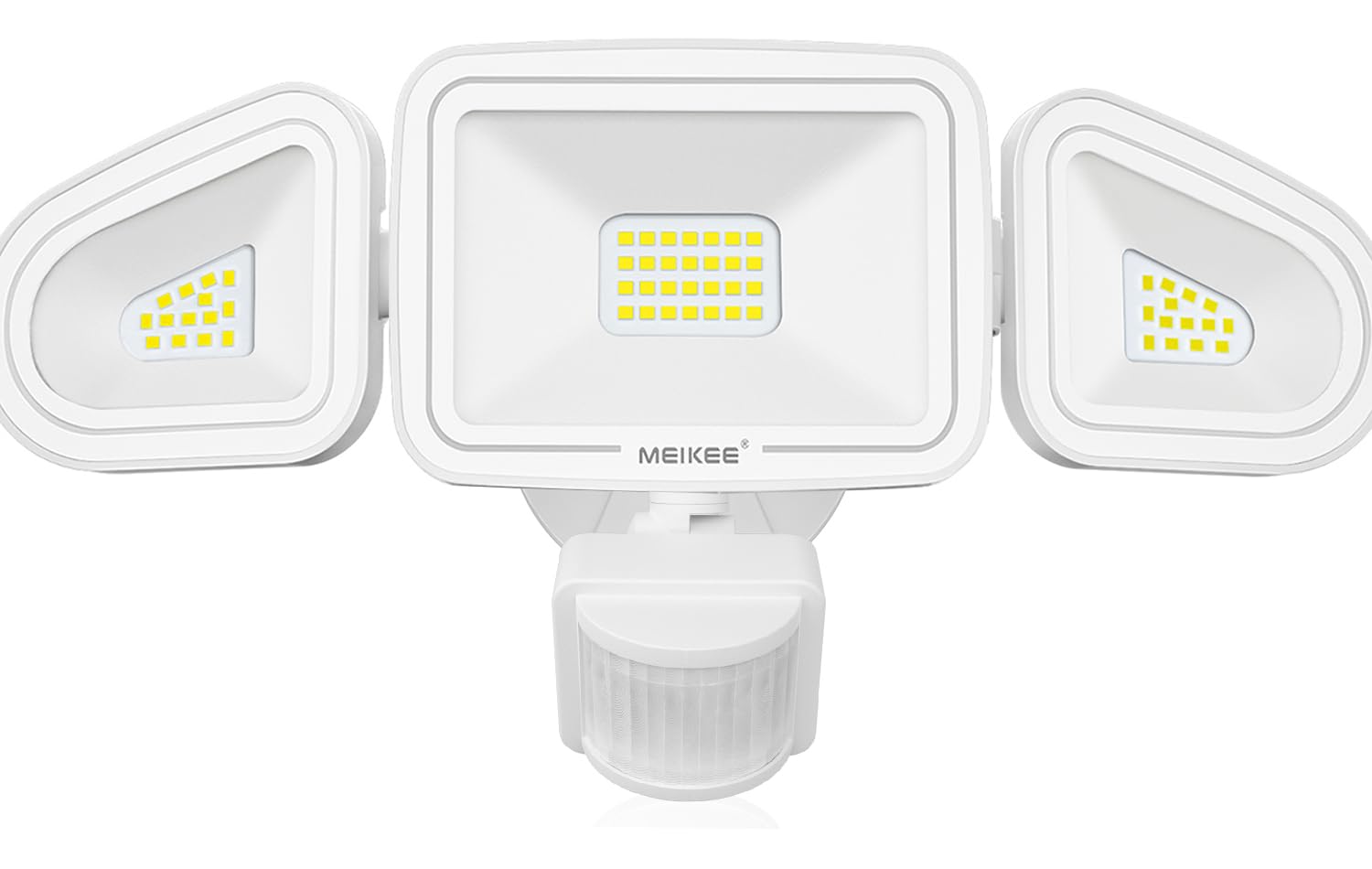 Meikee 42W Led Motion Sensor Flood Light, 3600Lm, 6500K, Ip65 Waterproof, White, 3 Adjustable Heads For Garage, Yard, Garden