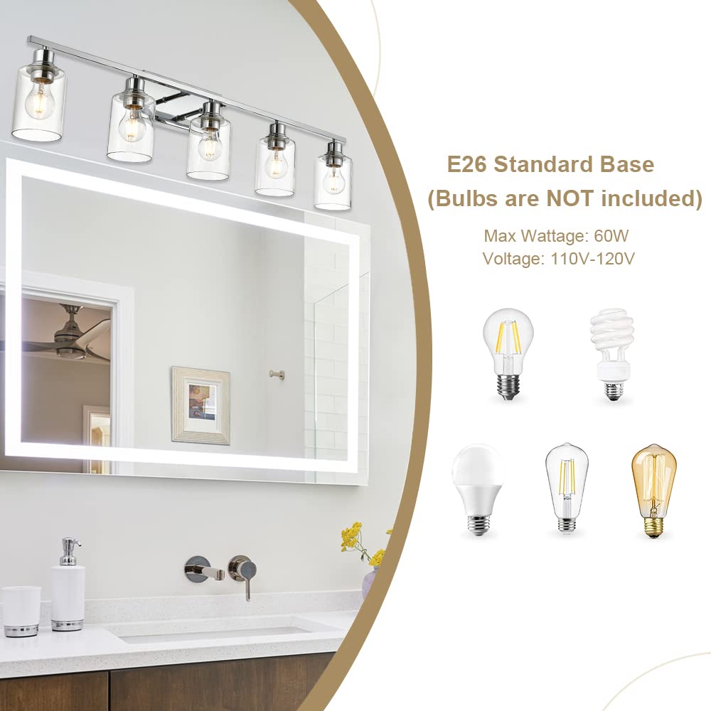 VINLUZ 5 Light Bathroom Lighting Fixture, Chrome Finish, Clear Glass Shade, Contemporary Wall Light for Entryway and Hallway