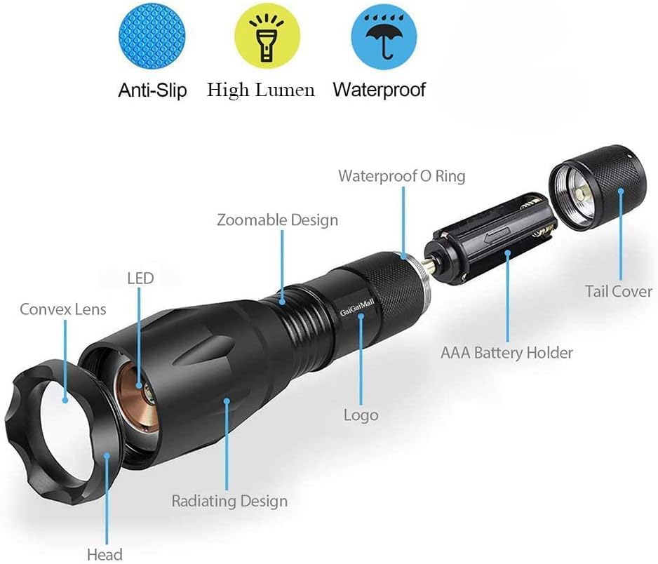 Gaigaimall Military Grade High Lumen Flashlight Tactical Led Torch Flash Light Zoomable With 5 Light Modes