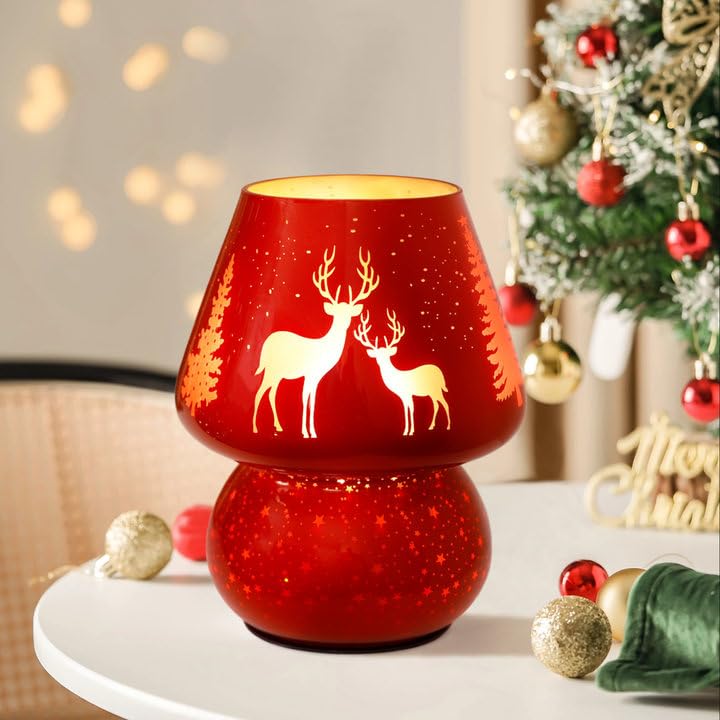 ULAROOM Christmas Battery Operated Mushroom Lamp - Vintage Small Table Lamp with Timer, Cordless Bedside Nightstand Lamp, Glass 