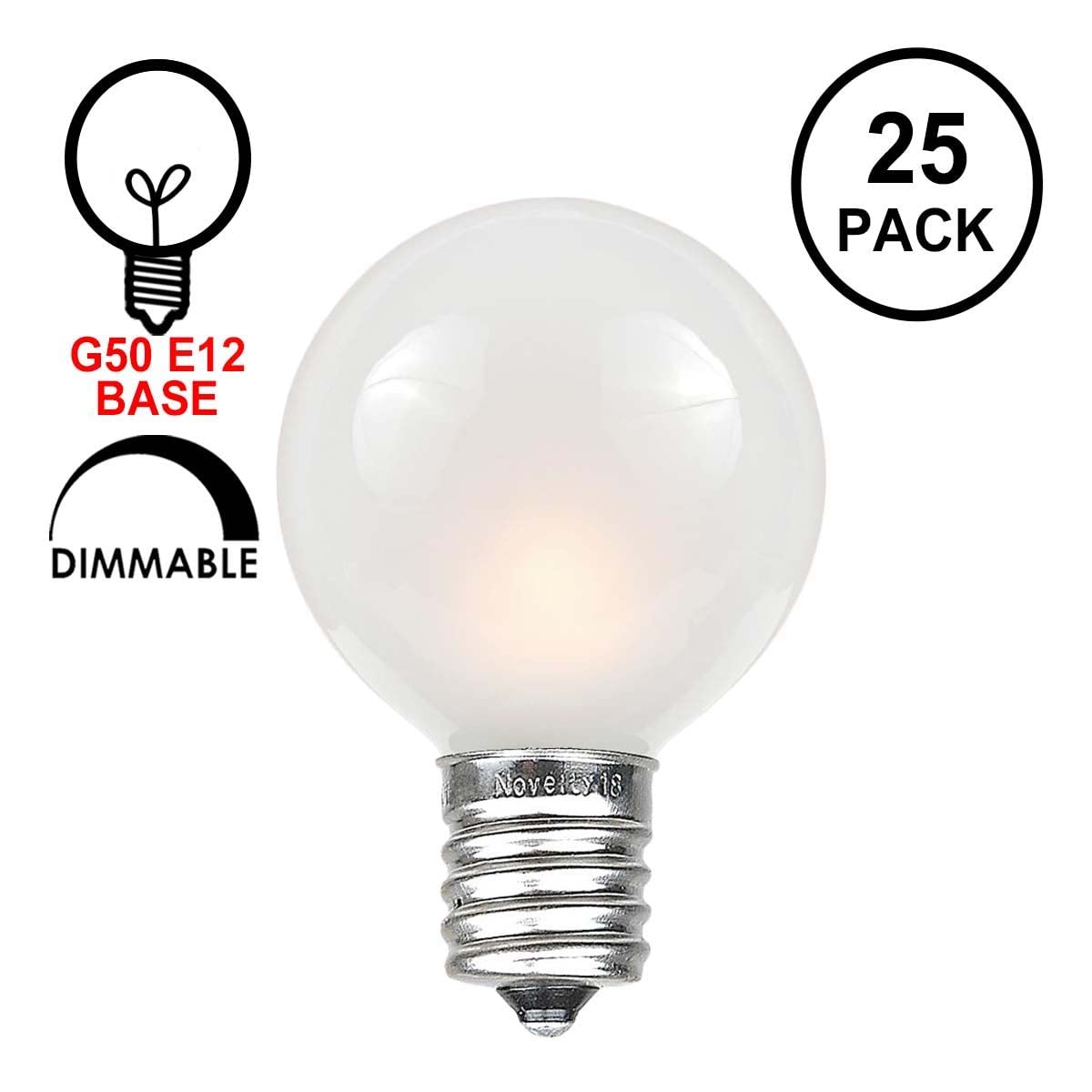 Novelty Lights G50 Outdoor String Light Globe Replacement Bulbs, E12 Base, Frosted White, 25 Count
