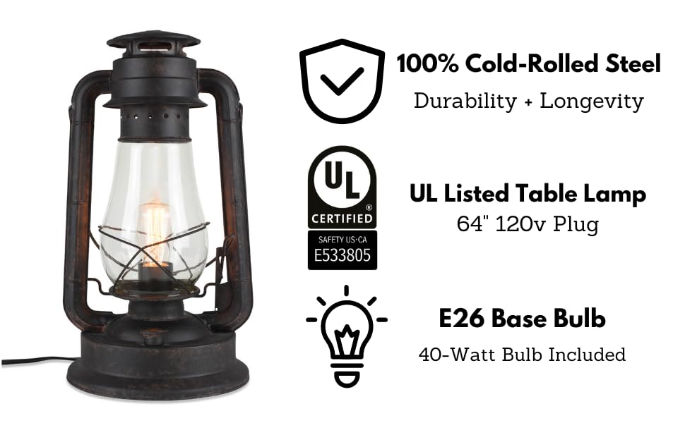 Muskoka Rustic Farmhouse Lantern Table Lamp - Dimmable, Edison Bulb, Ul Listed, Brown