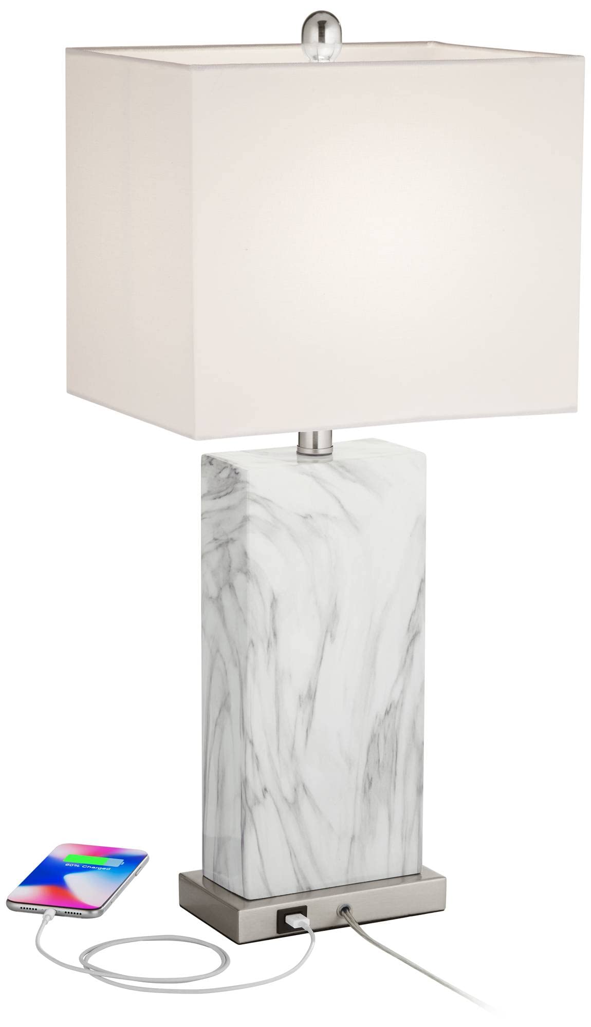 360 Lighting Connie Mid Century Modern Table Lamps 25'' High Set Of 2 With Usb Charging Port White Faux Marble Rectangular Shade