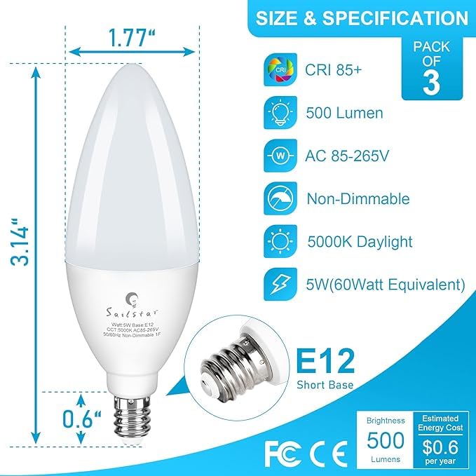 Sailstar Candelabra Light Bulbs 60 Watt Equivalent, 5000K Daylight, 5W E12 Small Base Type B Led Bulbs, 500 Lumens, Chandelier Ceiling Fan Light Bulbs, Cri 85, Non-Dimmable, Pack Of 10