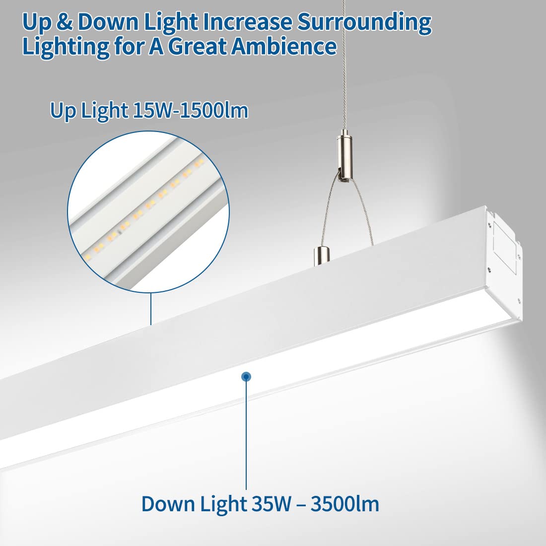 DAKASON 4FT Linkable LED Linear Light, 35W Down 15W Up, Dimmable, 3/4/5000K CCT, Aluminum, White,