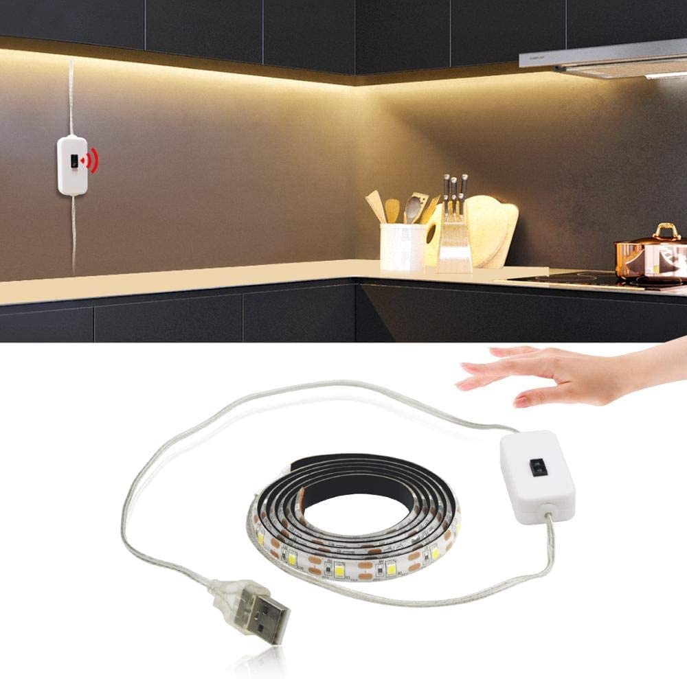 WeiHong LED USB Under Cabinet Lights with Hand Wave Under Counter Lighting  Under Desk Light Bar  Hand Wave Activated  Plug and Play Soft Band Light for Kitchen Shelf Cupboard Closet (Warm White  1m)