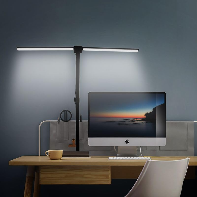 LED Desk Lamp for Home Office, Double Head Flexible Gooseneck with Clamp & Base, 24W High Brightness Eye-Car ing, 25 Modes & Rem