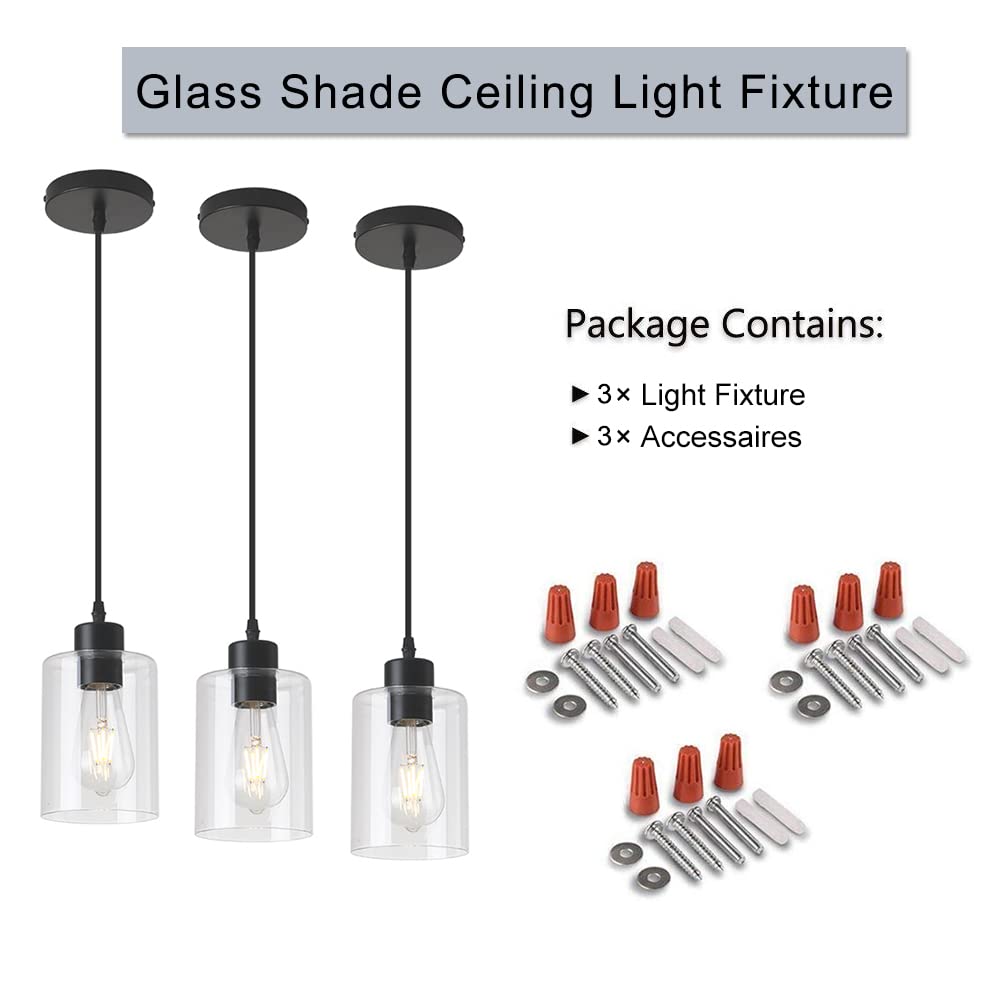 Klss Modern Black Farmhouse Clear Glass Cylinder Pendant Light Fixture,Mini Pendant Lighting For Kitchen Island Decor - 4.75 Inc