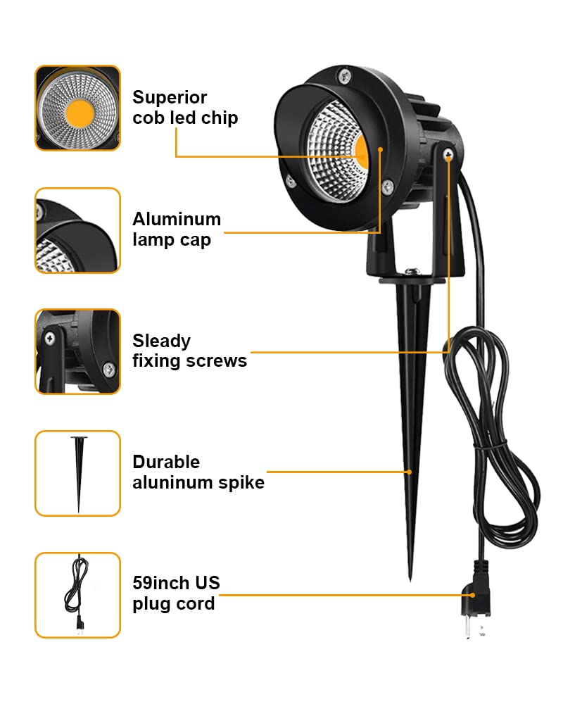 Romwish LED Landscape Spotlights, 10W Outdoor Lighting, Warm White, Waterproof, 2 Pack