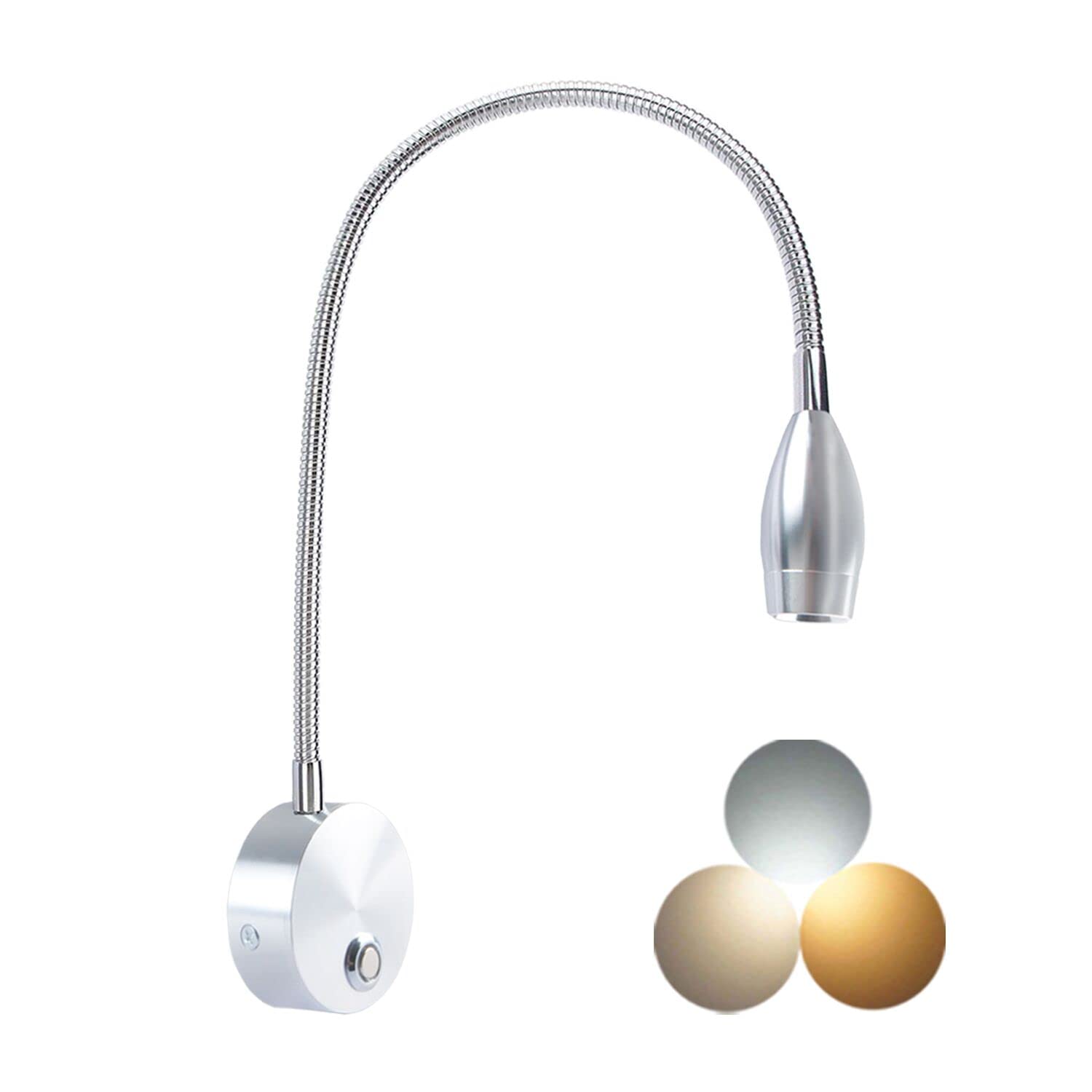 Adust LED Dimmable Wall Mount Reading Light, Adjustable Colour, 3W, Silver, Model RL-2, 1 Pack
