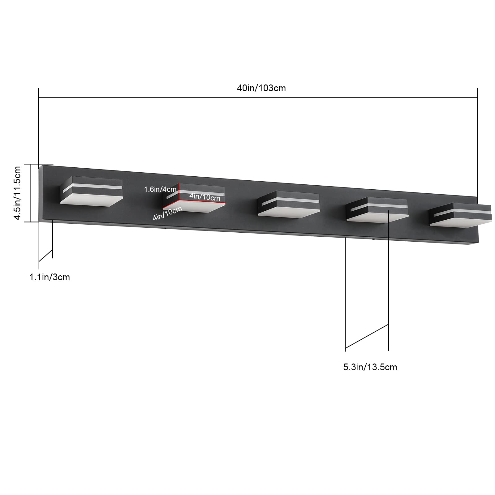 SineRise 5-Light LED Bathroom Vanity Light Fixtures, 40-Inch, Matte Black, Modern Acrylic, Model 9553E, Cool White 6000K