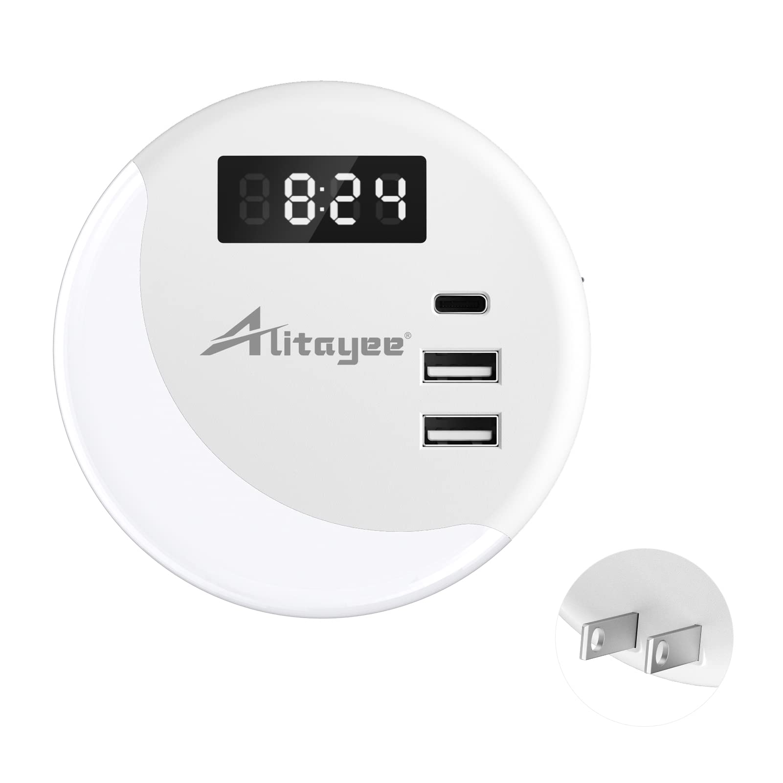 Alitayee LED Night Light, Night Lights Plug Into Wall, Smart Light Sensor Nightlight with USB C Charger(MAX 15.5W) and Digital C
