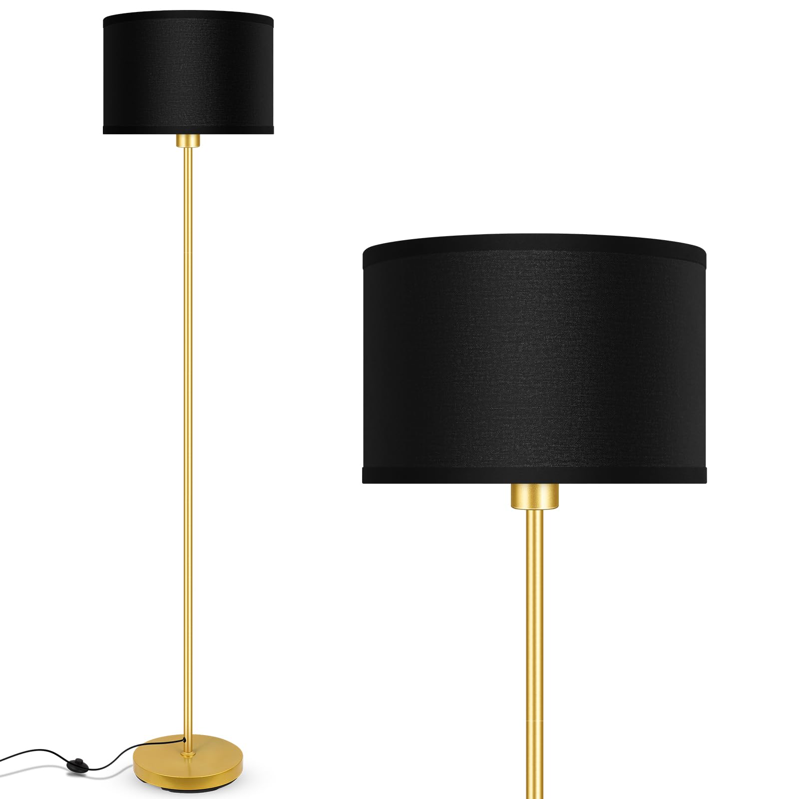 Gold Floor Lamps for Living Room, Modern Bright Standing Lamp, Black Lamp Shades, Foot Switch, Simple Pole Lamps Corner Lamp for